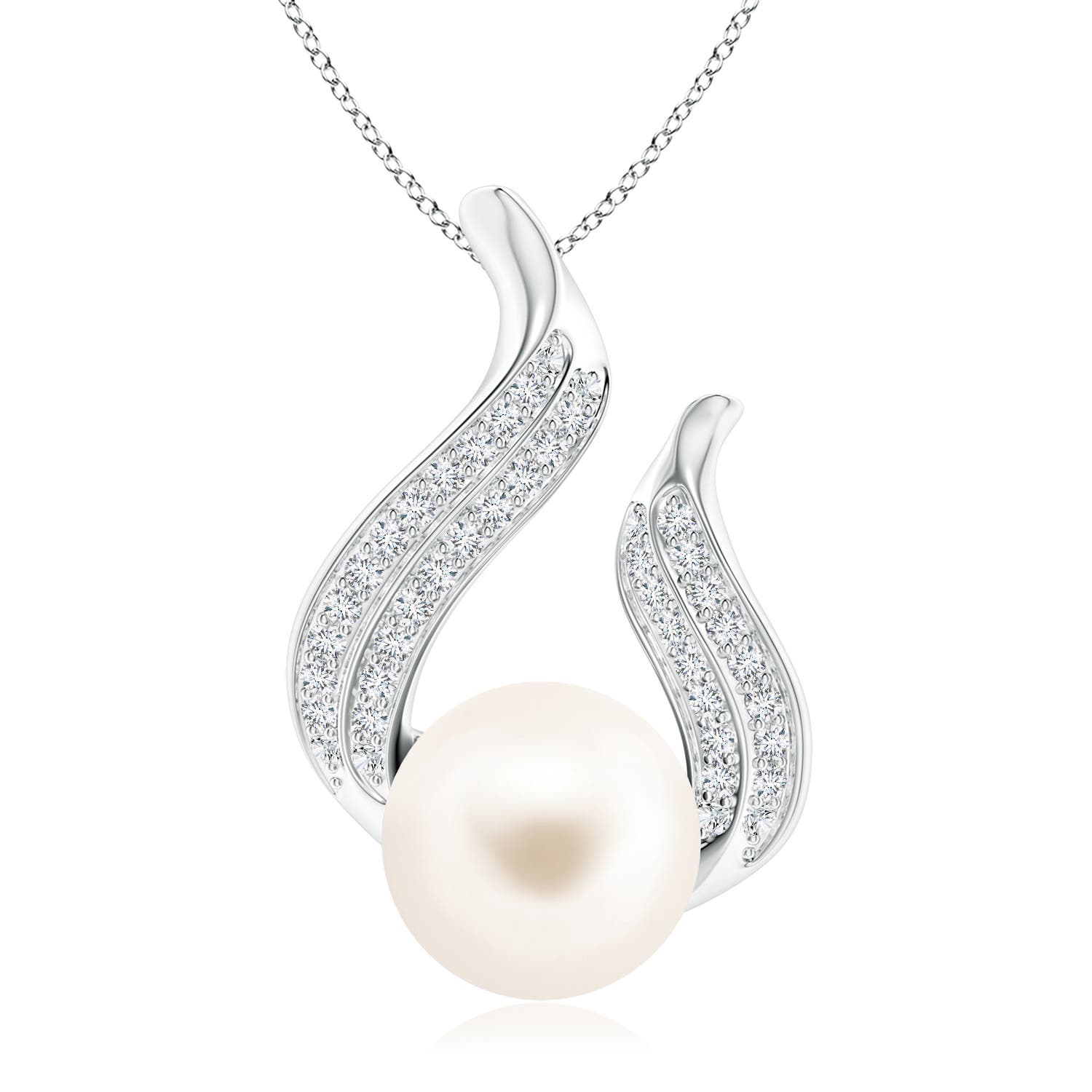 10mm AAA Freshwater Pearl and Diamond Flame Pendant in White Gold