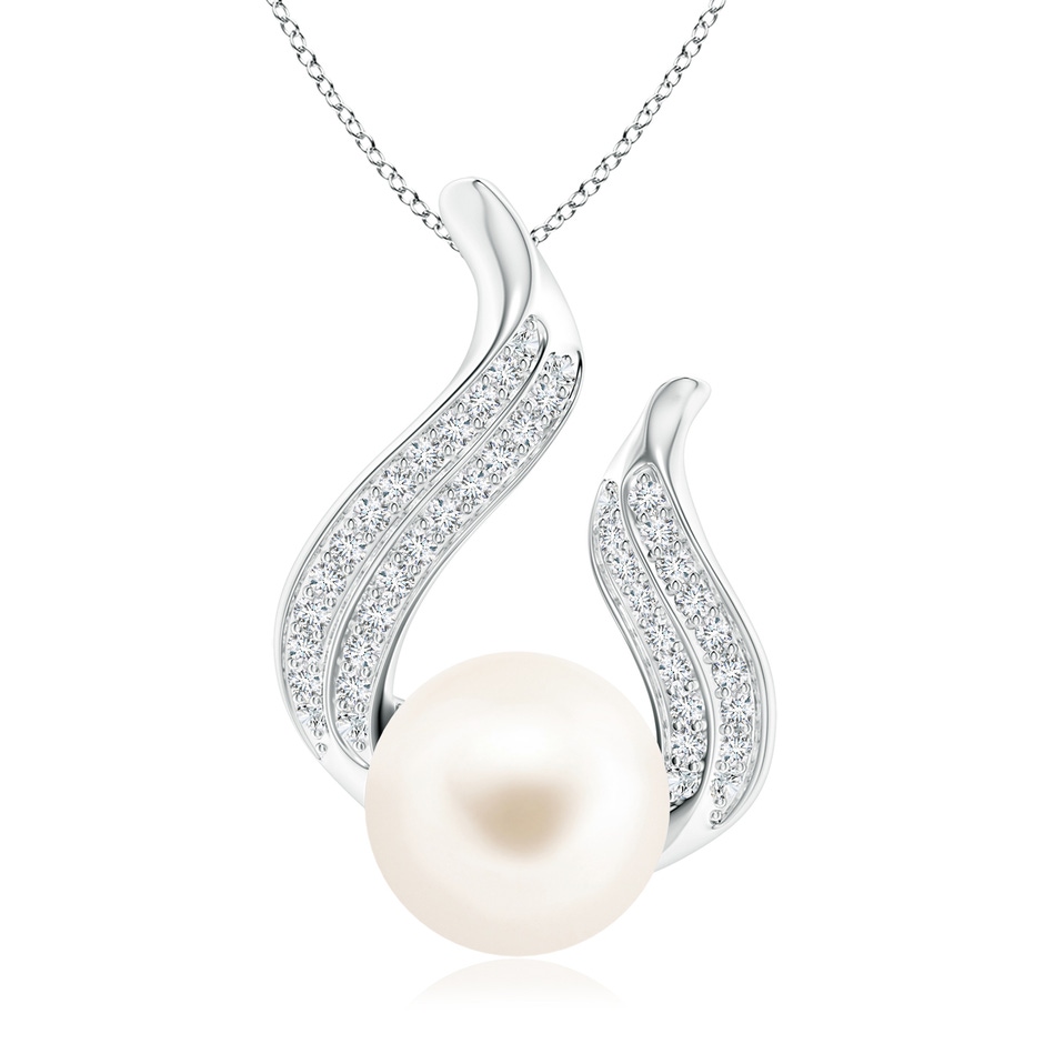 10mm AAA Freshwater Pearl and Diamond Flame Pendant in White Gold 