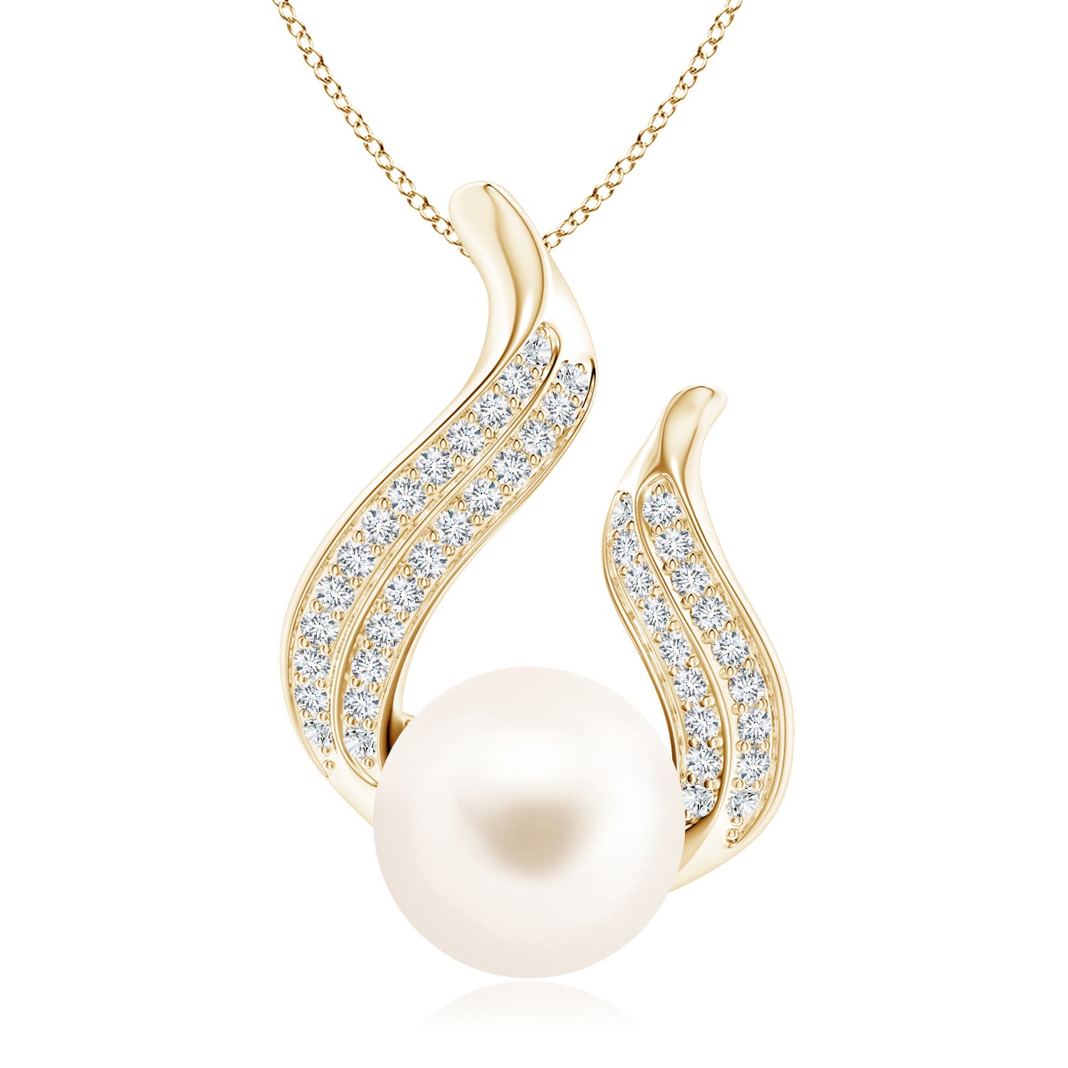 10mm AAA Freshwater Pearl and Diamond Flame Pendant in Yellow Gold