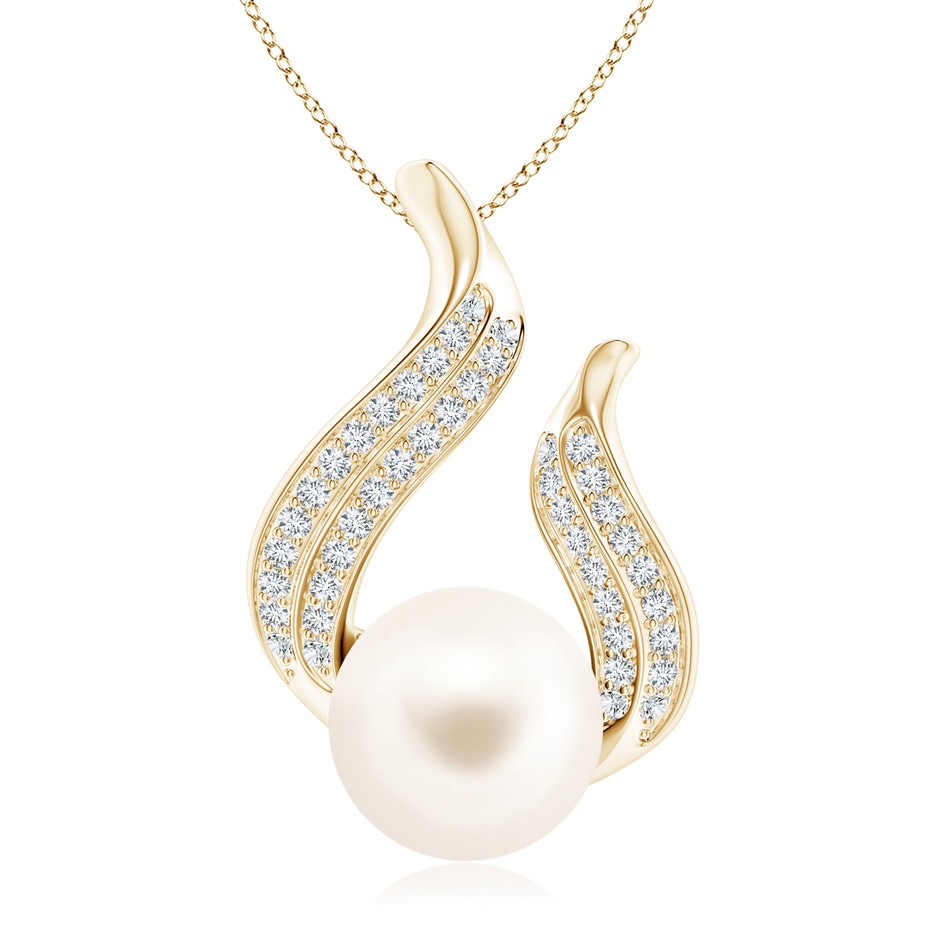 10mm AAA Freshwater Pearl and Diamond Flame Pendant in Yellow Gold 