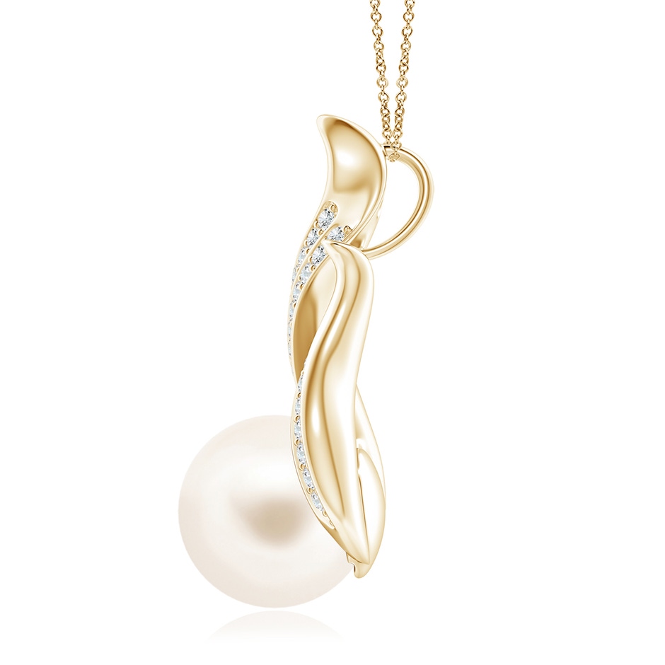 10mm AAA Freshwater Pearl and Diamond Flame Pendant in Yellow Gold side 1
