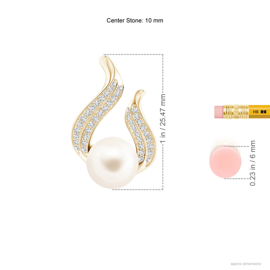 10mm AAA Freshwater Pearl and Diamond Flame Pendant in Yellow Gold ruler