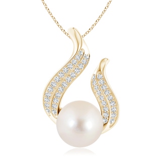 10mm AAAA Freshwater Pearl and Diamond Flame Pendant in Yellow Gold