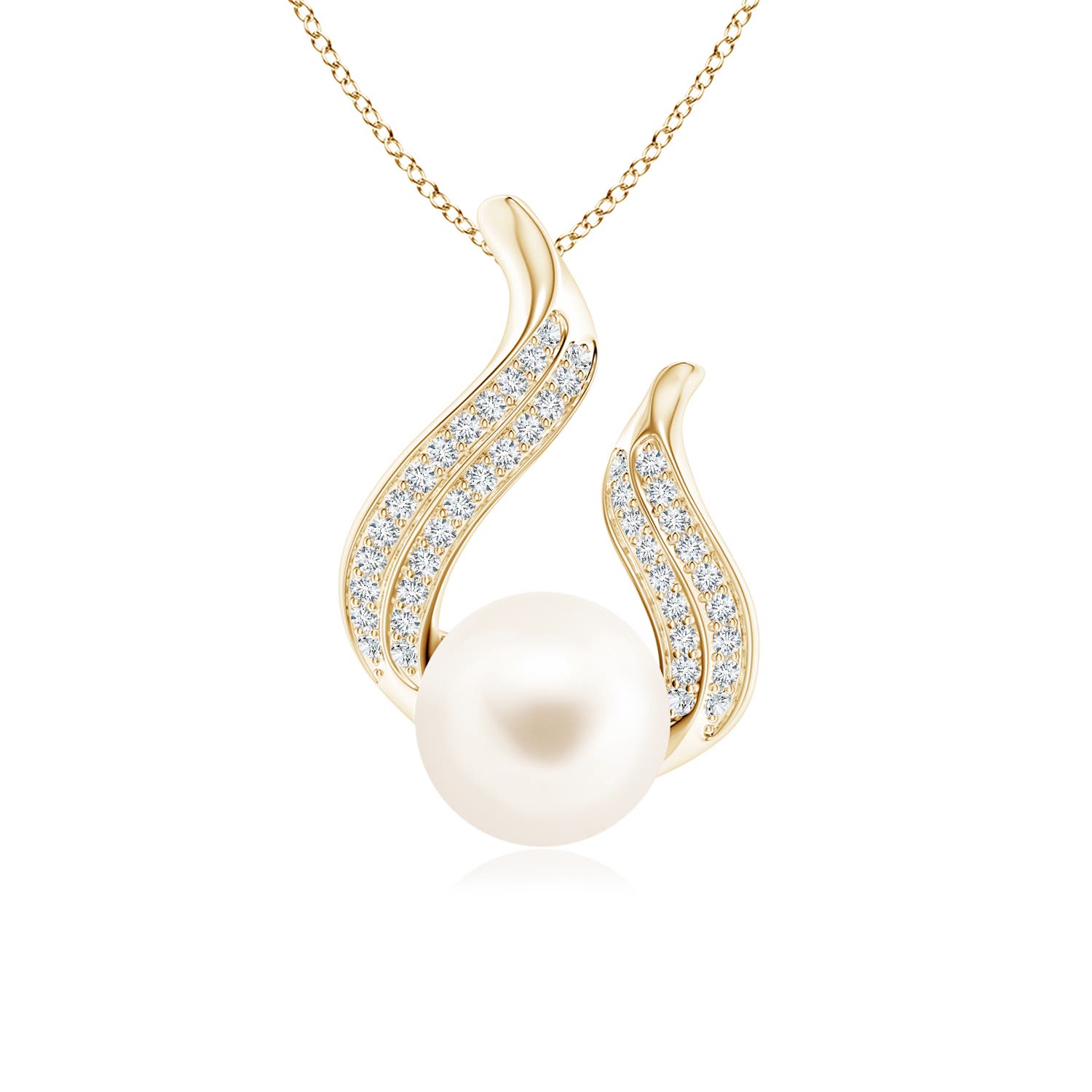 8mm AAA Freshwater Pearl and Diamond Flame Pendant in Yellow Gold