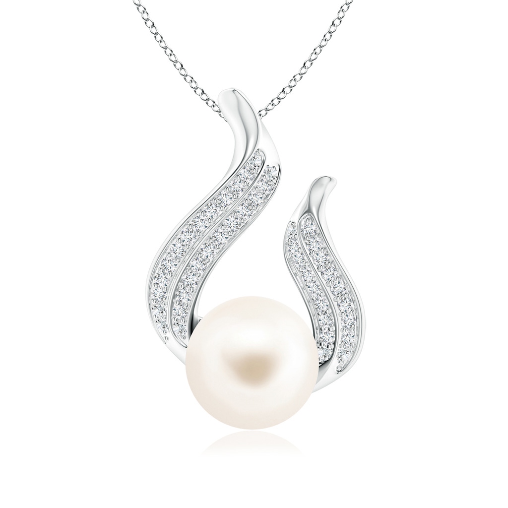 9mm AAA Freshwater Pearl and Diamond Flame Pendant in White Gold