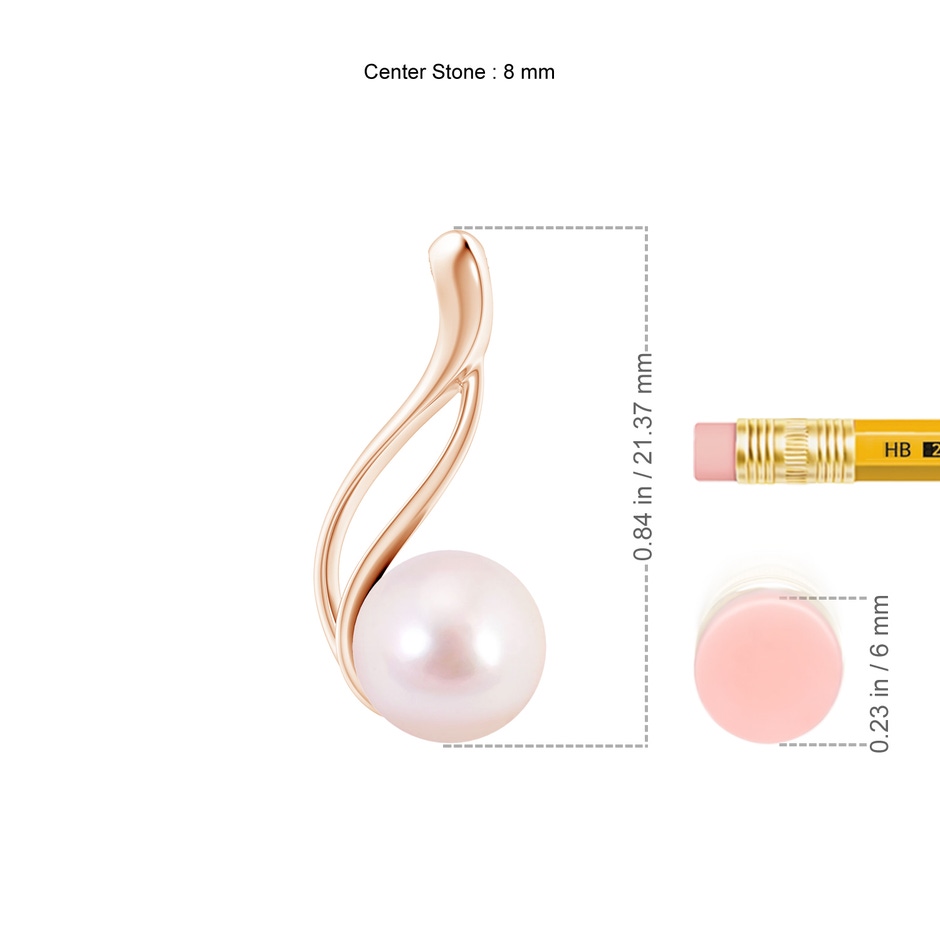 8mm AAAA Solitaire Japanese Akoya Pearl Swirl Pendant in Rose Gold ruler