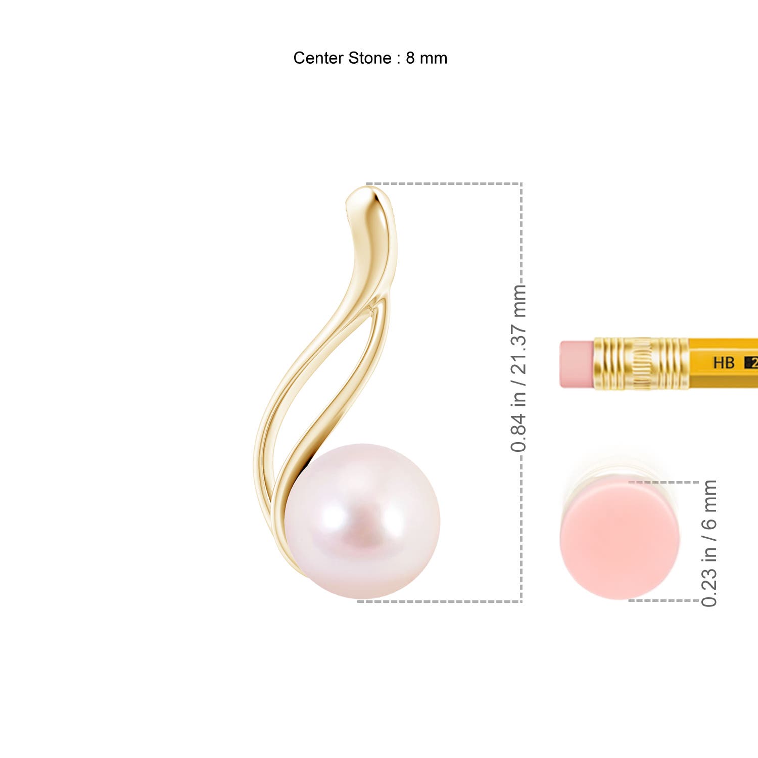 8mm AAAA Solitaire Japanese Akoya Pearl Swirl Pendant in Yellow Gold - ruler