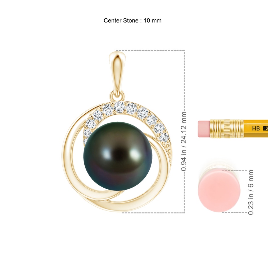 10mm AAAA Tahitian Pearl Swirl Pendant with Diamonds in Yellow Gold ruler