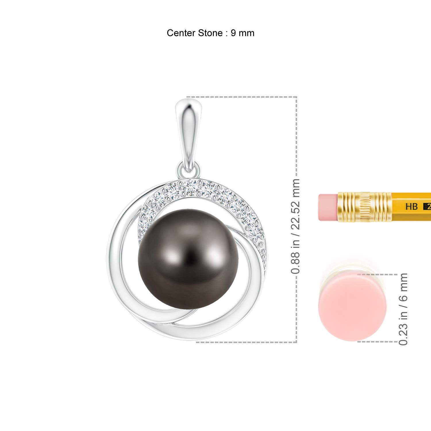 9mm AAA Tahitian Pearl Swirl Pendant with Diamonds in White Gold - ruler