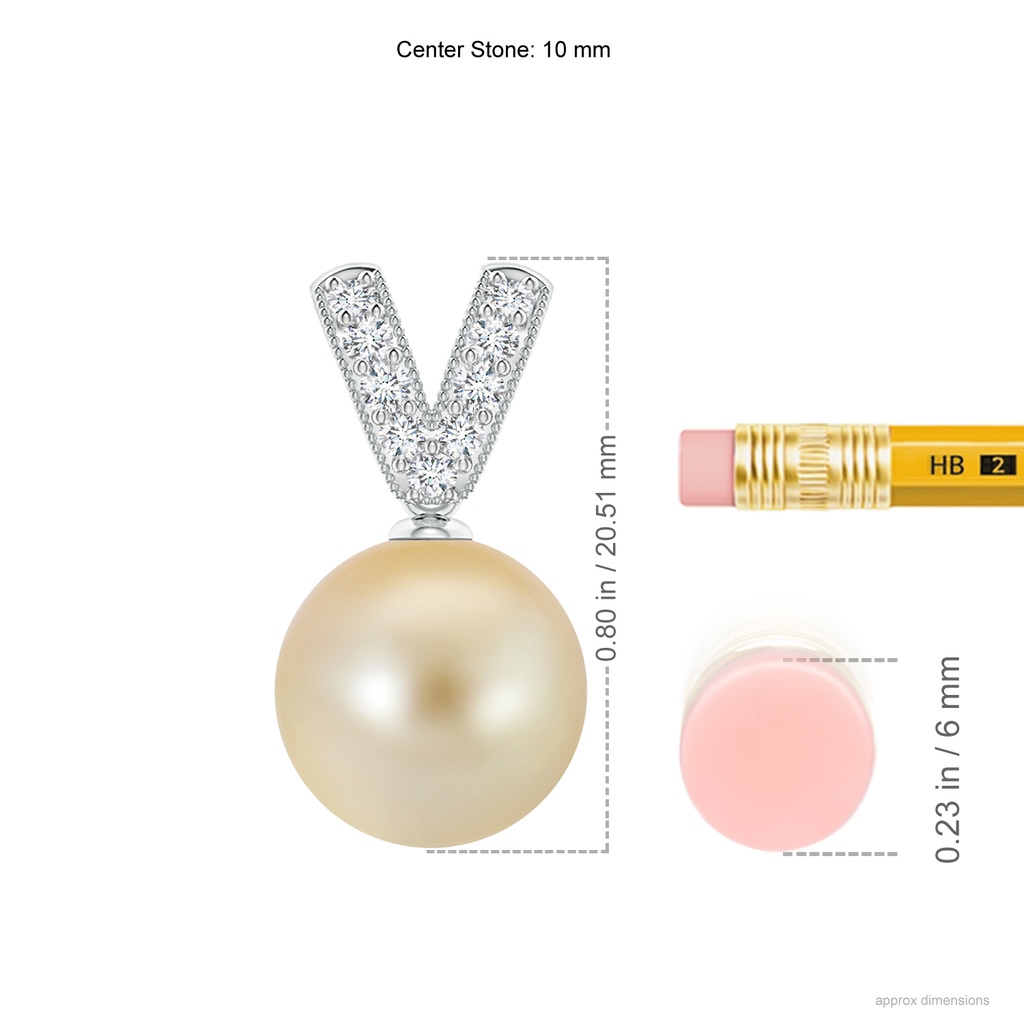 10mm AAA Golden South Sea Pearl & Diamond V-Bale Pendant in White Gold Ruler
