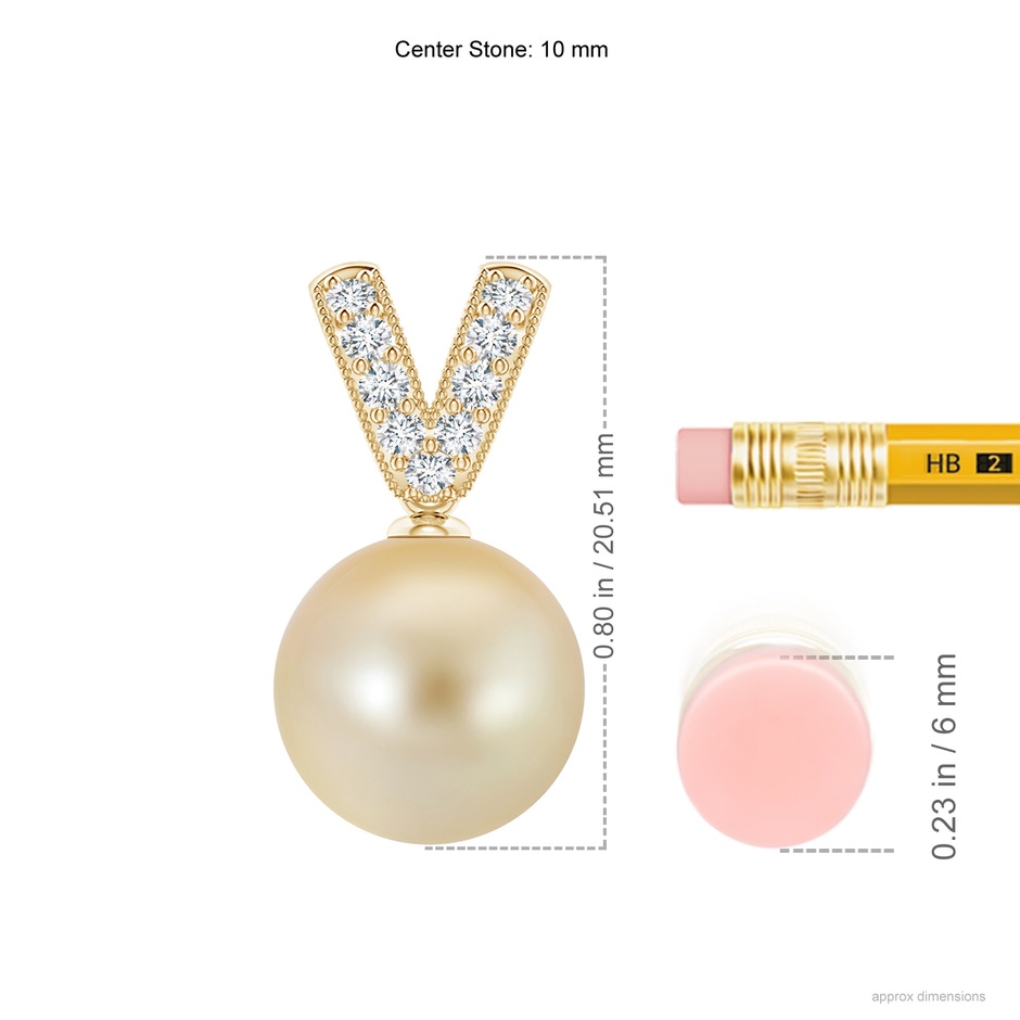 10mm AAA Golden South Sea Pearl & Diamond V-Bale Pendant in Yellow Gold ruler