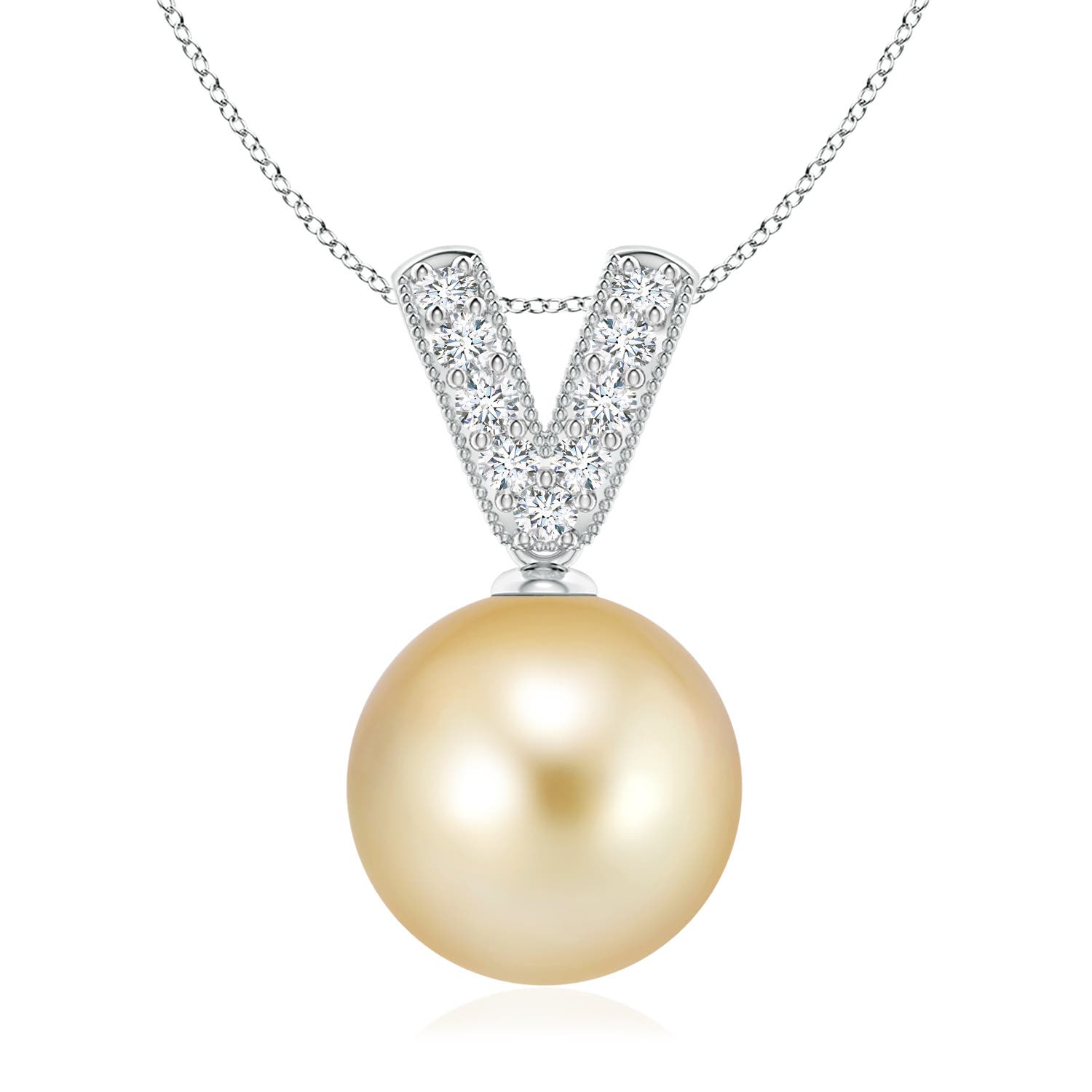 10mm AAAA Golden South Sea Pearl & Diamond V-Bale Pendant in White Gold