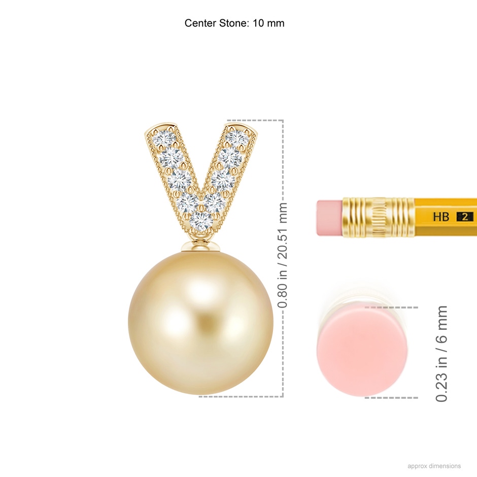 10mm AAAA Golden South Sea Pearl & Diamond V-Bale Pendant in Yellow Gold ruler