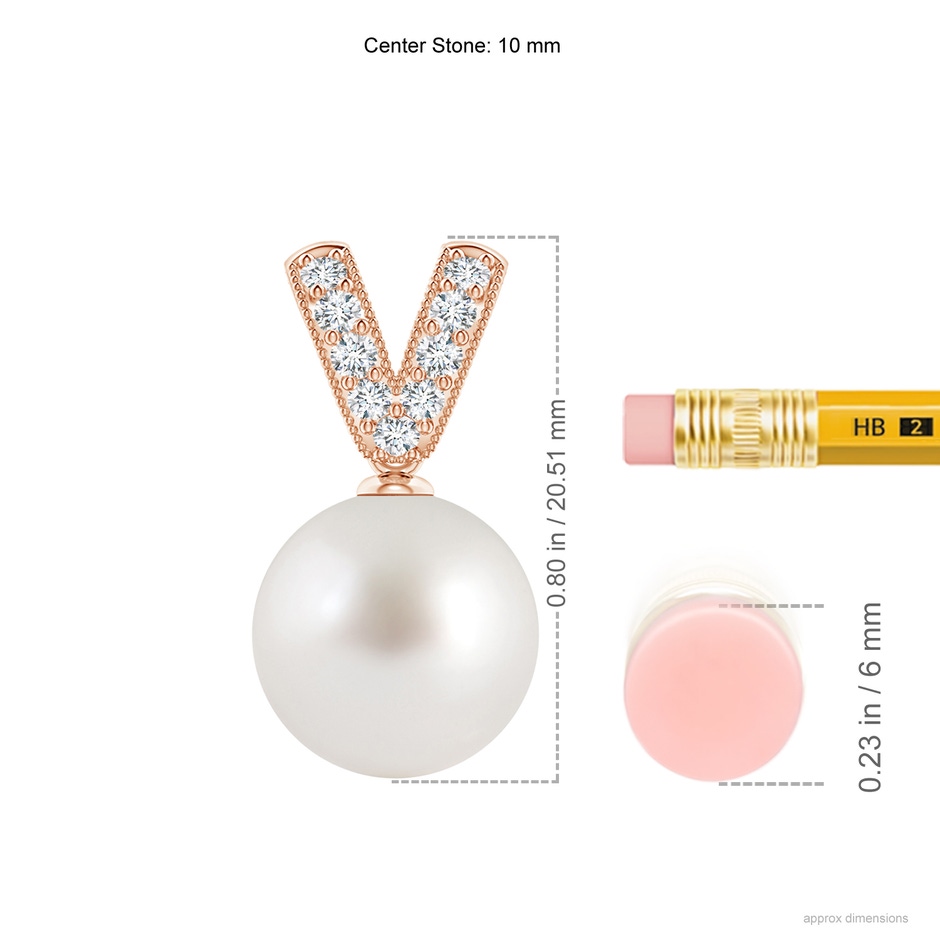 10mm AAA South Sea Pearl & Diamond V-Bale Pendant in Rose Gold ruler