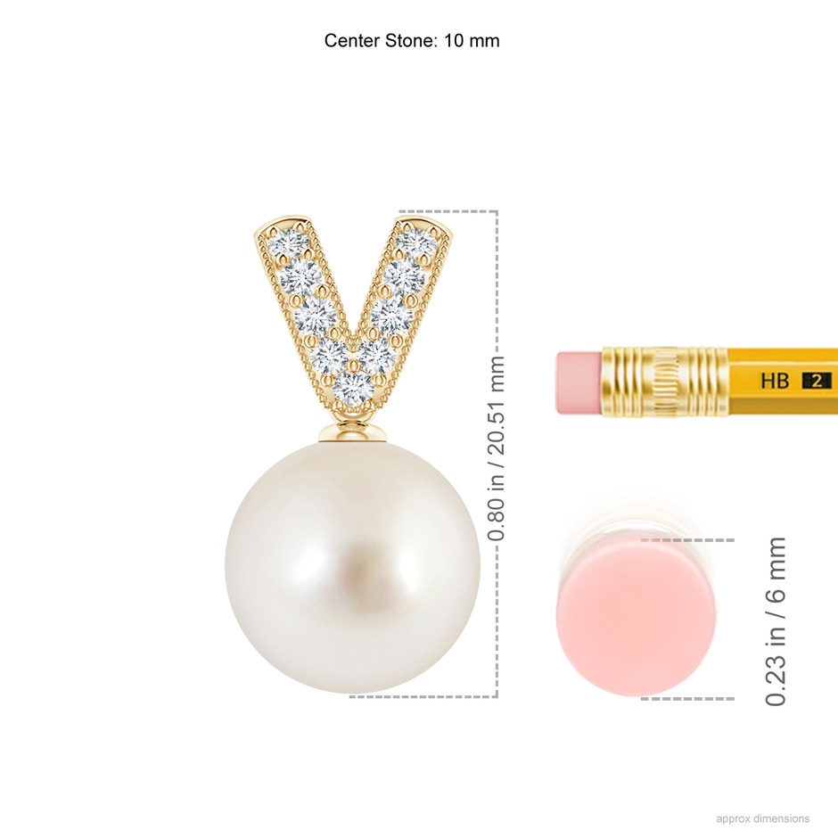 10mm AAAA South Sea Pearl & Diamond V-Bale Pendant in Yellow Gold ruler