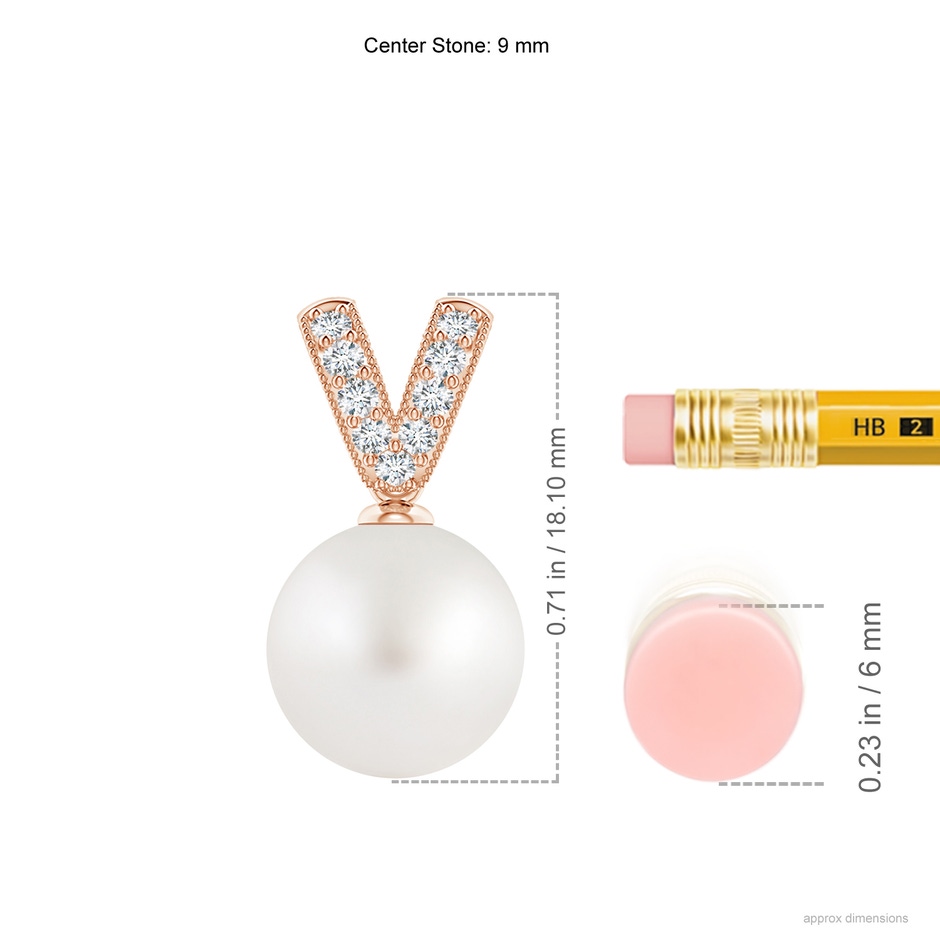 9mm AA South Sea Pearl & Diamond V-Bale Pendant in Rose Gold ruler