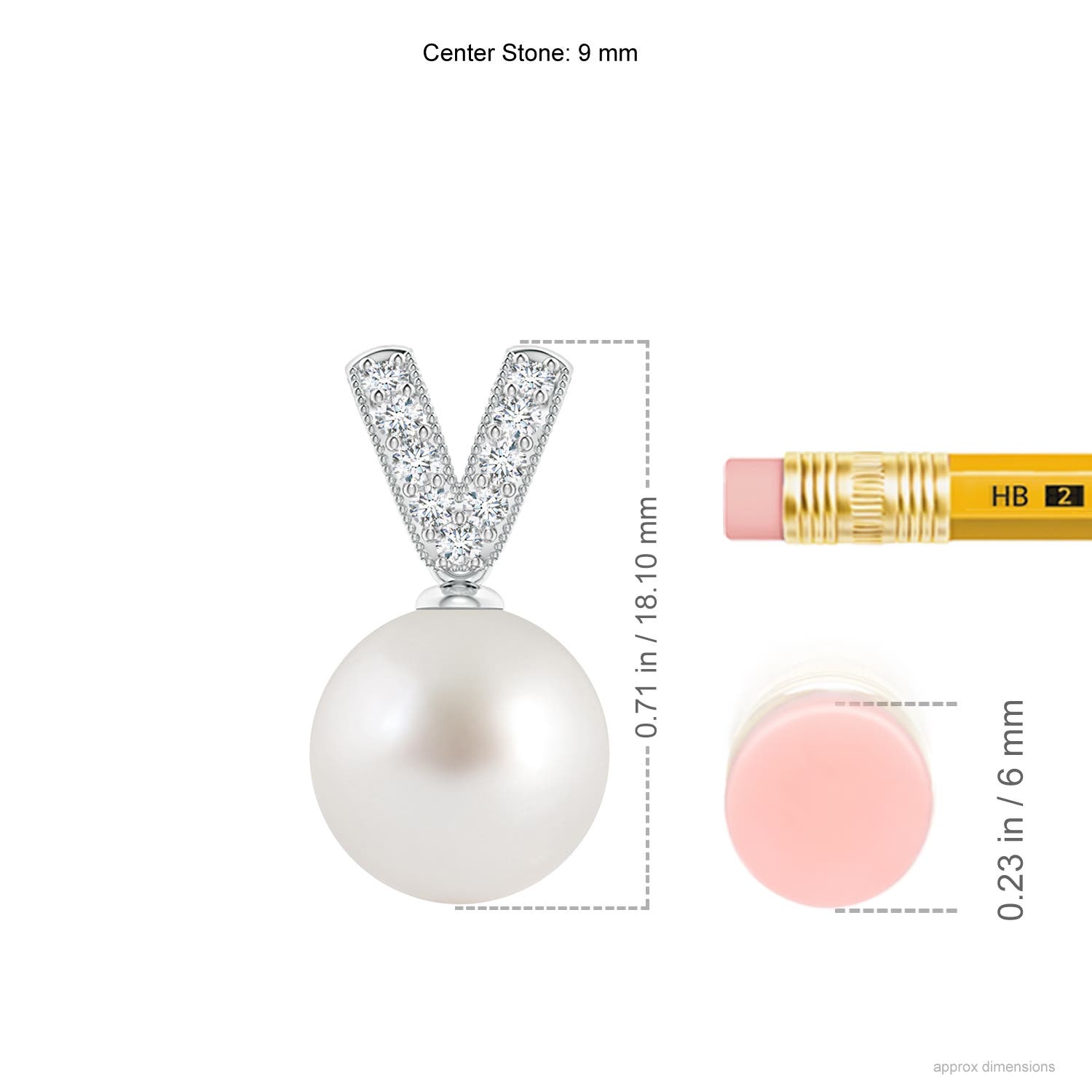 9mm AAA South Sea Pearl & Diamond V-Bale Pendant in P950 Platinum - ruler
