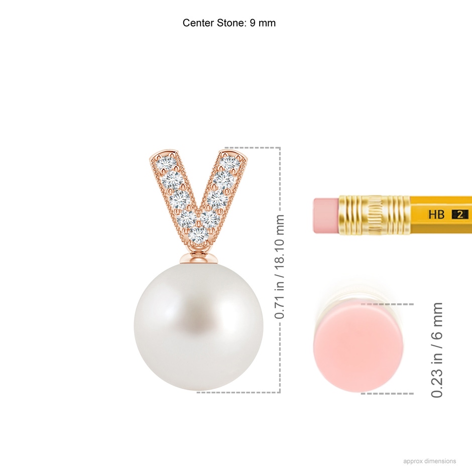 9mm AAA South Sea Pearl & Diamond V-Bale Pendant in Rose Gold ruler