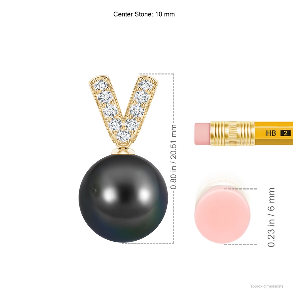 10mm AA Tahitian Pearl & Diamond V-Bale Pendant in Yellow Gold ruler