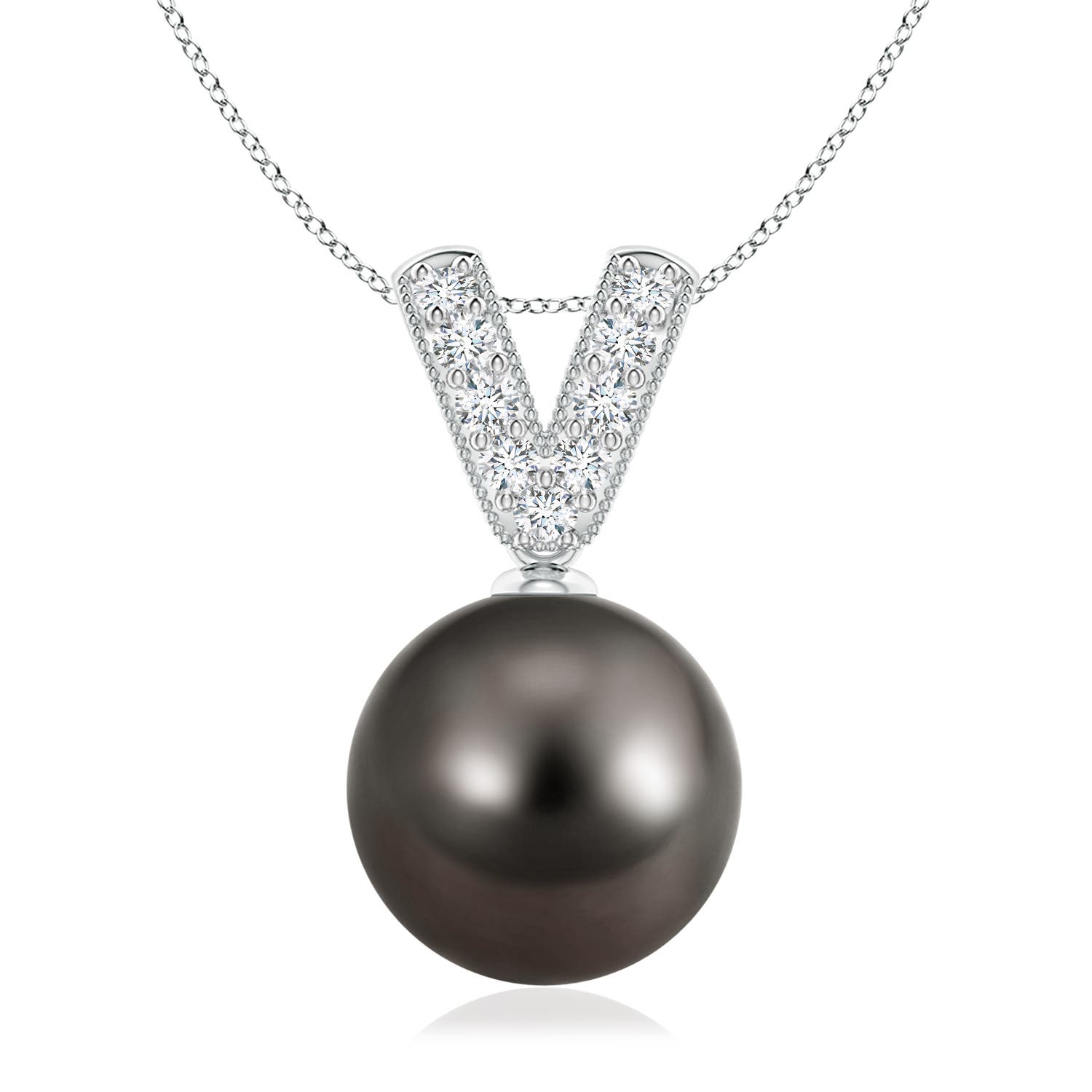 10mm AAA Tahitian Pearl & Diamond V-Bale Pendant in White Gold