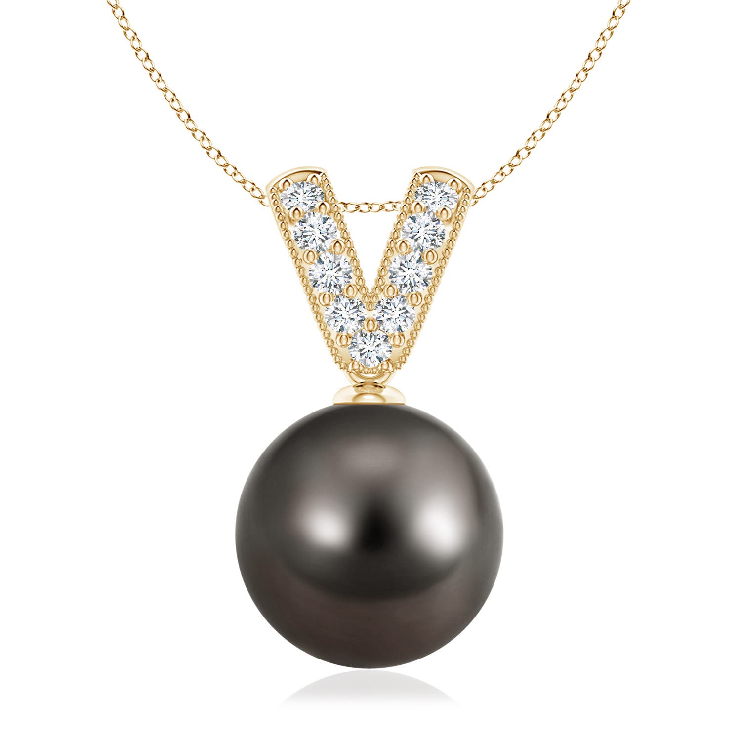 10mm AAA Tahitian Pearl & Diamond V-Bale Pendant in Yellow Gold