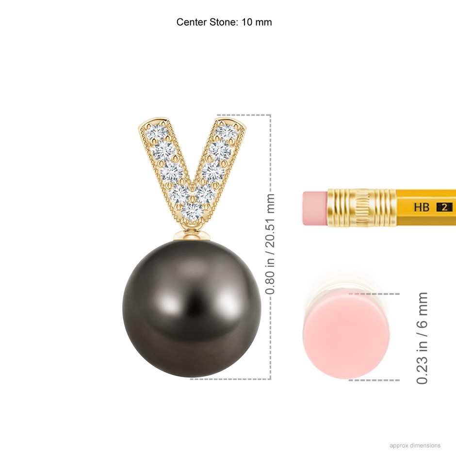 10mm AAA Tahitian Pearl & Diamond V-Bale Pendant in Yellow Gold ruler