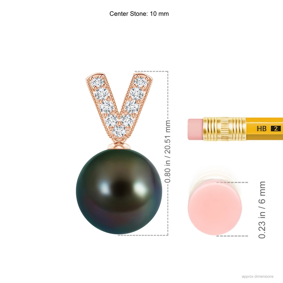 10mm AAAA Tahitian Pearl & Diamond V-Bale Pendant in Rose Gold ruler