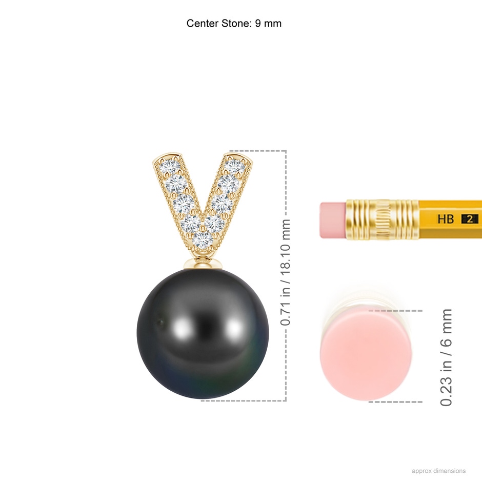 9mm AA Tahitian Pearl & Diamond V-Bale Pendant in Yellow Gold ruler