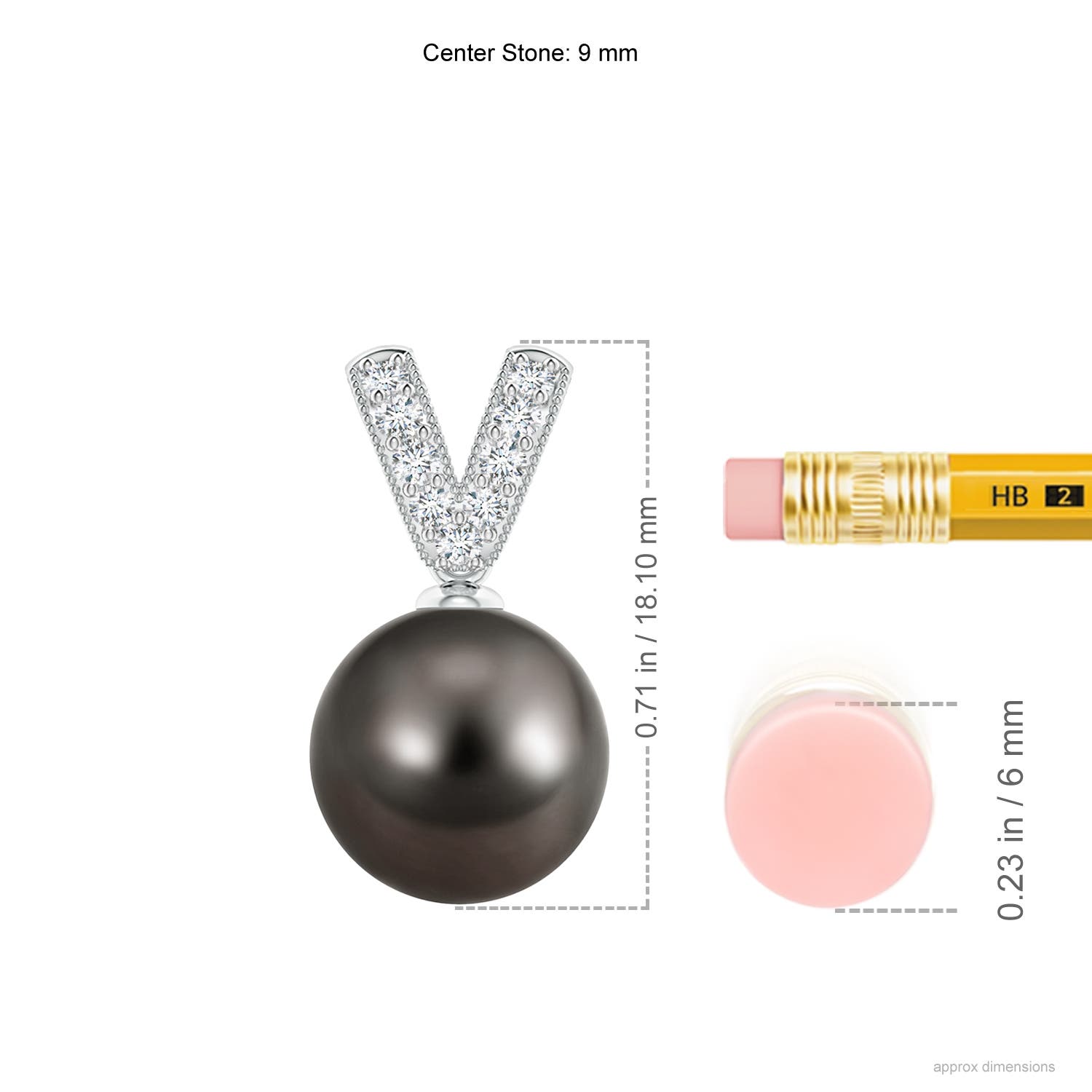 9mm AAA Tahitian Pearl & Diamond V-Bale Pendant in White Gold - ruler