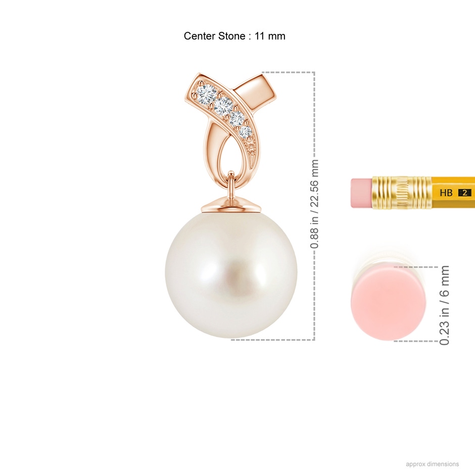 11mm AAAA South Sea Pearl Pendant with Ribbon Bale in Rose Gold ruler