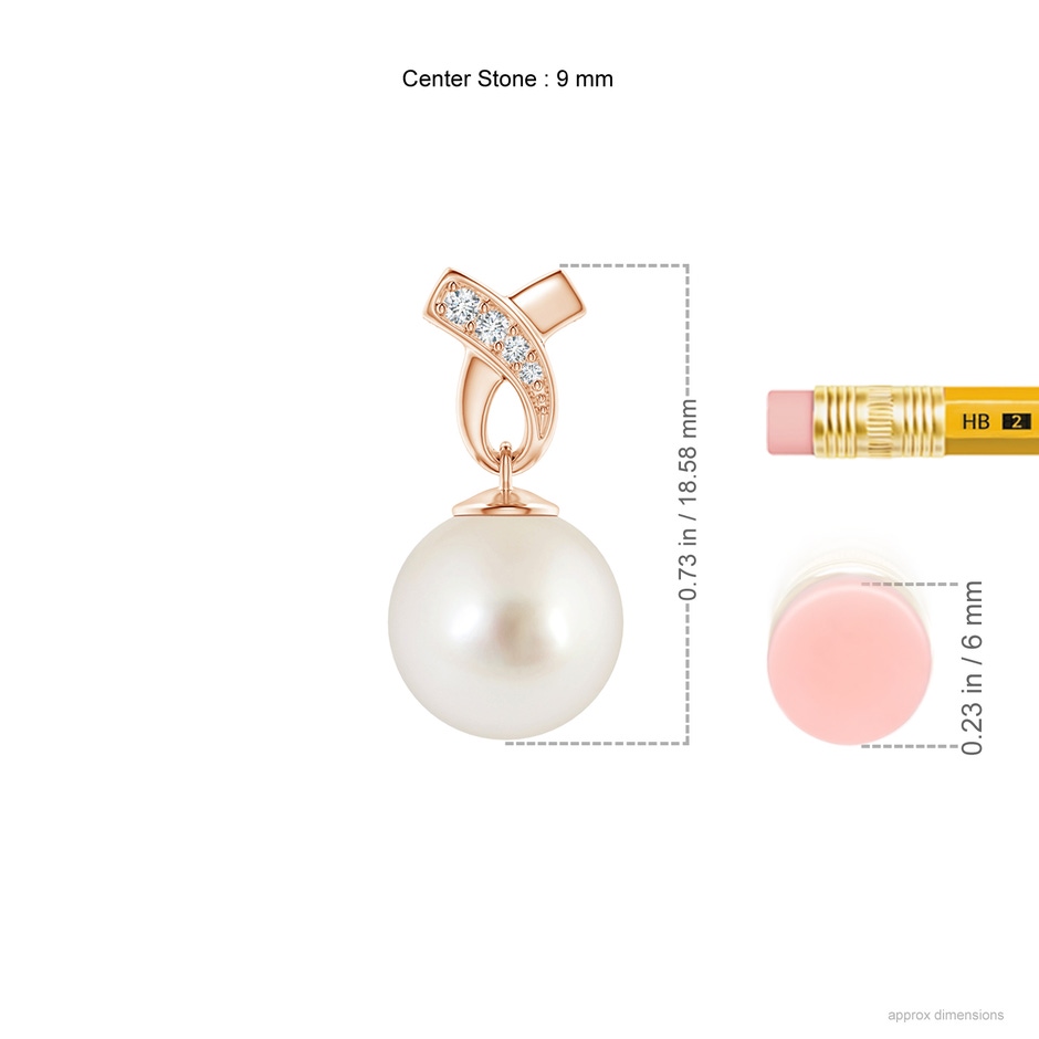 9mm AAAA South Sea Pearl Pendant with Ribbon Bale in Rose Gold ruler