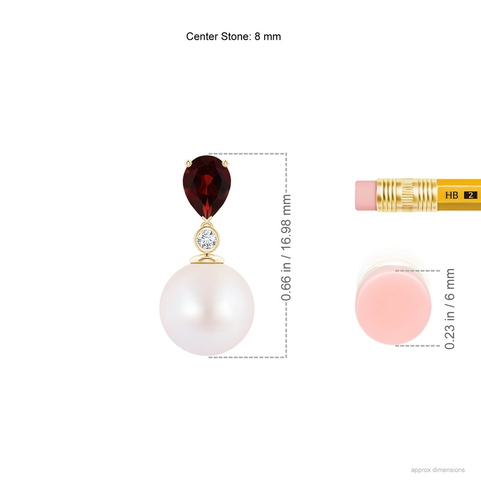 8mm AA Japanese Akoya Pearl & Pear Garnet Drop Pendant in 9K Yellow Gold ruler