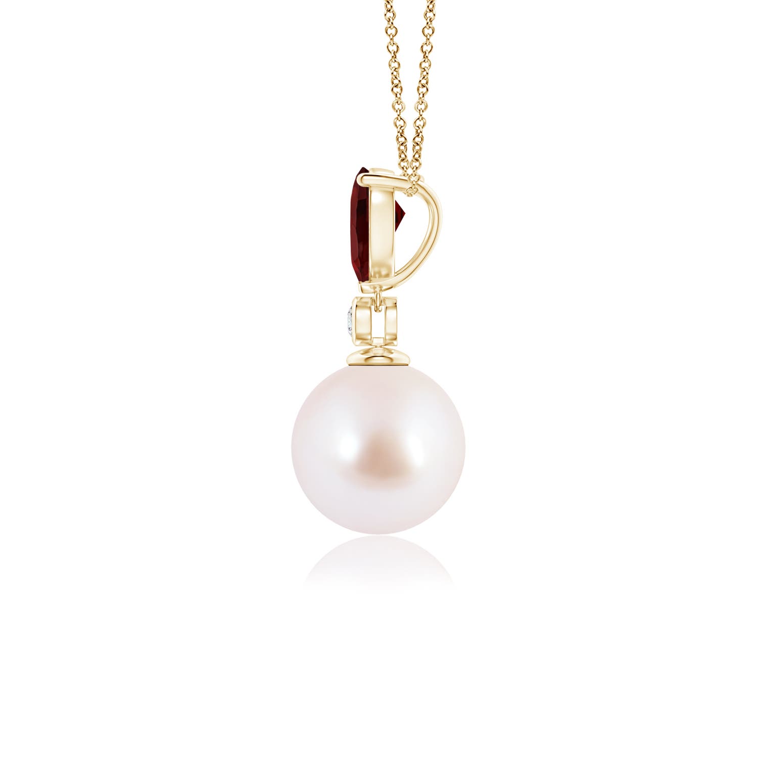 8mm AAA Japanese Akoya Pearl & Pear Garnet Drop Pendant in Yellow Gold - side 1