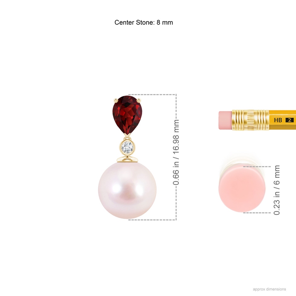 8mm AAAA Japanese Akoya Pearl & Pear Garnet Drop Pendant in 9K Yellow Gold ruler