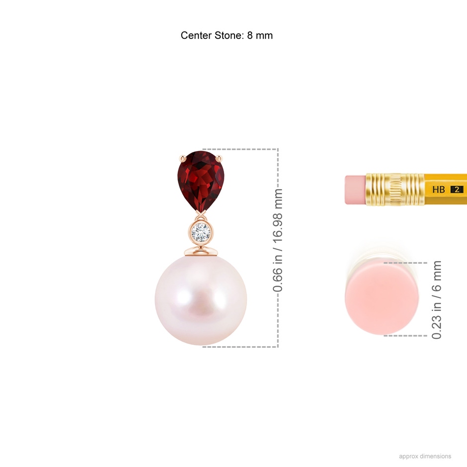 8mm AAAA Japanese Akoya Pearl & Pear Garnet Drop Pendant in Rose Gold ruler