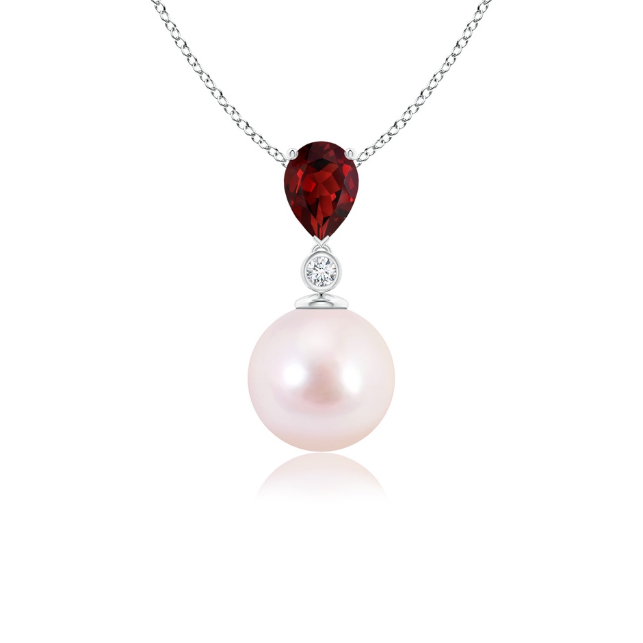 8mm AAAA Japanese Akoya Pearl & Pear Garnet Drop Pendant in White Gold 