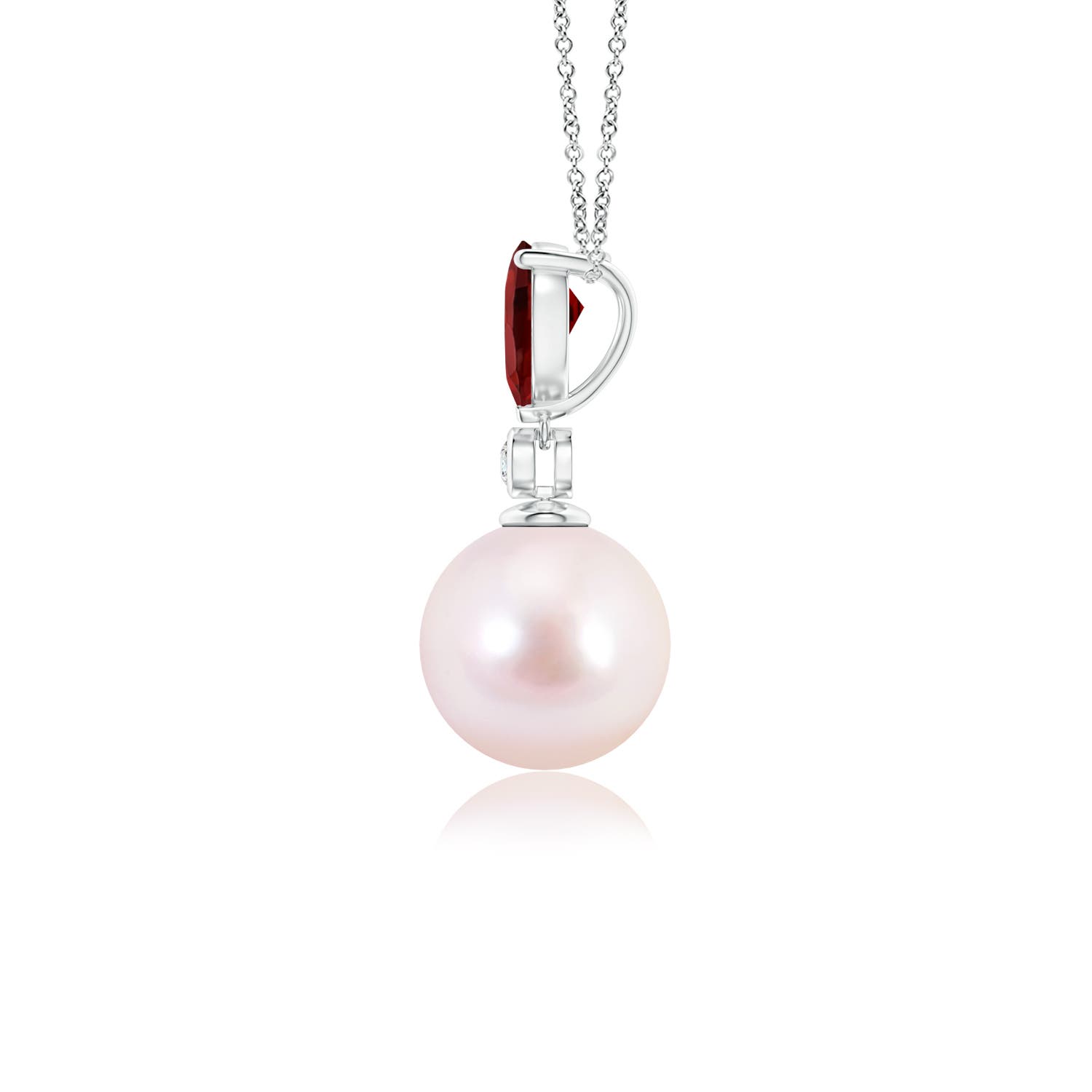 8mm AAAA Japanese Akoya Pearl & Pear Garnet Drop Pendant in White Gold - side 1