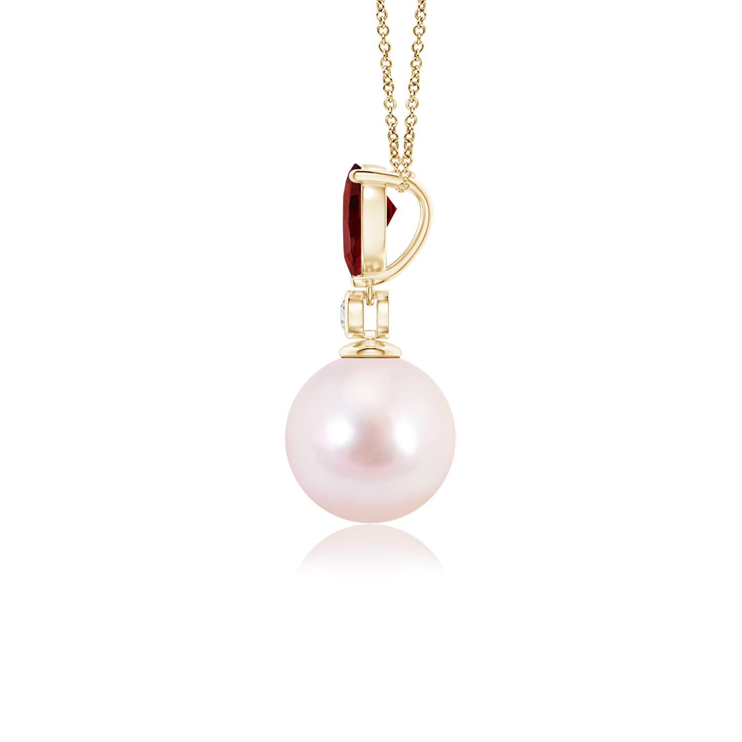 8mm AAAA Japanese Akoya Pearl & Pear Garnet Drop Pendant in Yellow Gold