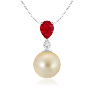 10mm AAA Golden South Sea Pearl & Pear Ruby Drop Pendant in White Gold