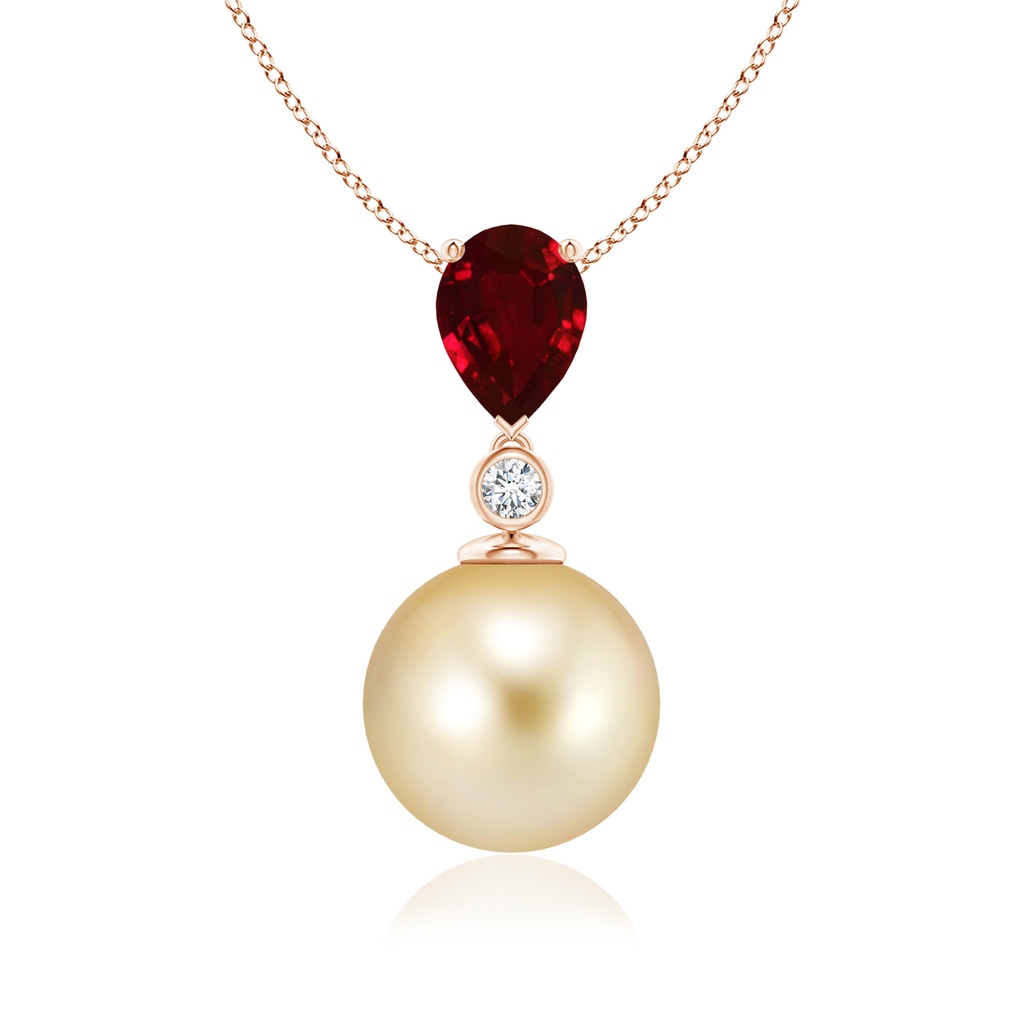 10mm AAAA Golden South Sea Pearl & Pear Ruby Drop Pendant in Rose Gold