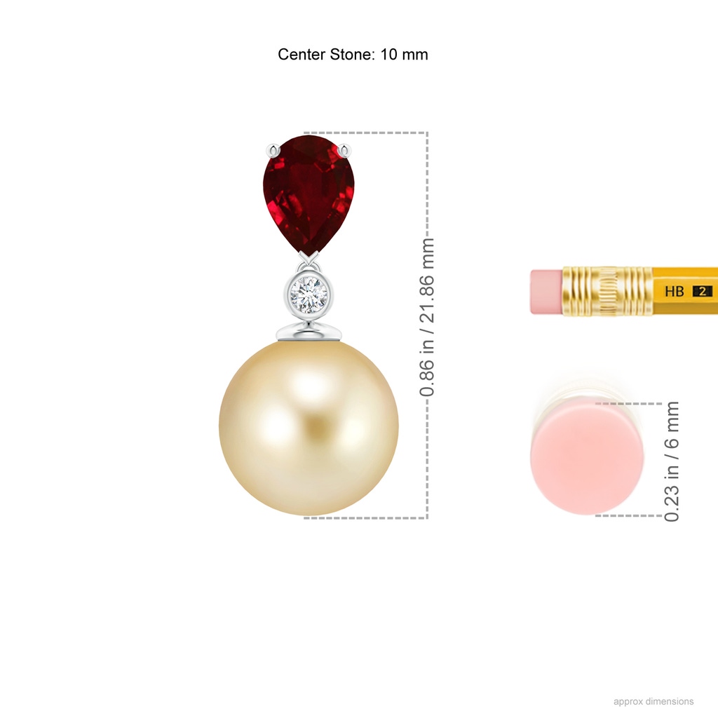10mm AAAA Golden South Sea Pearl & Pear Ruby Drop Pendant in White Gold Ruler
