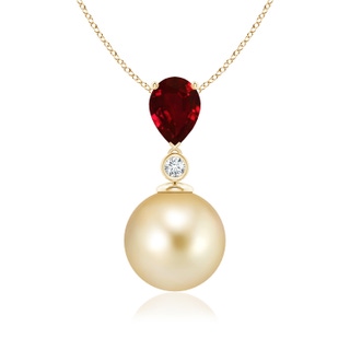 10mm AAAA Golden South Sea Pearl & Pear Ruby Drop Pendant in Yellow Gold