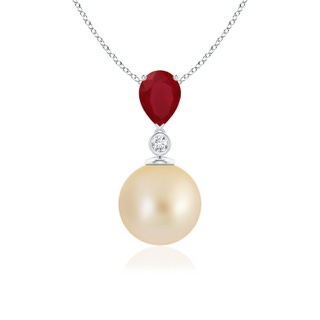 9mm AA Golden South Sea Pearl & Pear Ruby Drop Pendant in P950 Platinum