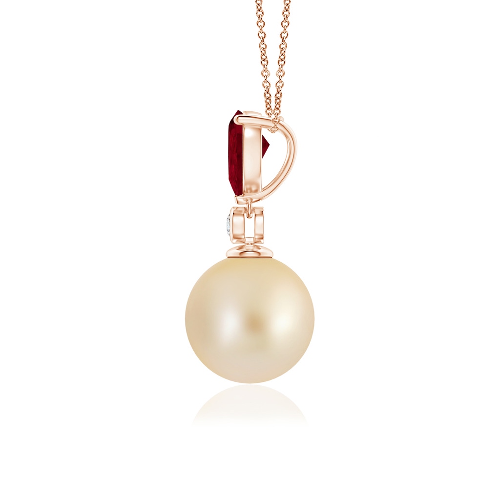 9mm AA Golden South Sea Pearl & Pear Ruby Drop Pendant in Rose Gold Side 1