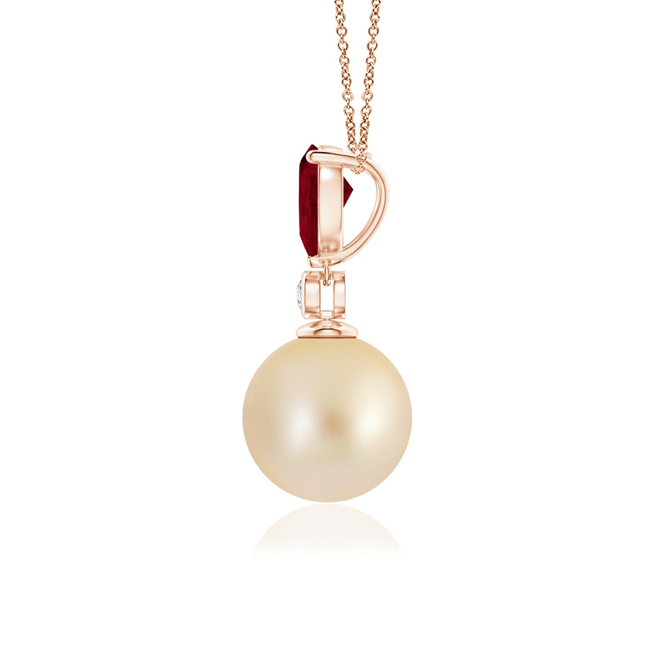 9mm AA Golden South Sea Pearl & Pear Ruby Drop Pendant in Rose Gold side 1