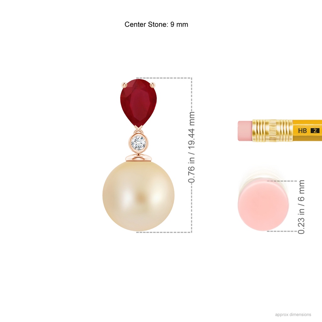 9mm AA Golden South Sea Pearl & Pear Ruby Drop Pendant in Rose Gold Ruler