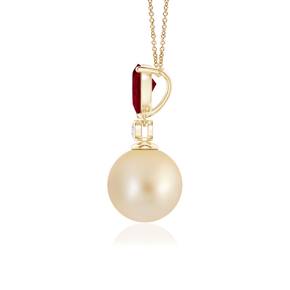 9mm AA Golden South Sea Pearl & Pear Ruby Drop Pendant in Yellow Gold side 1