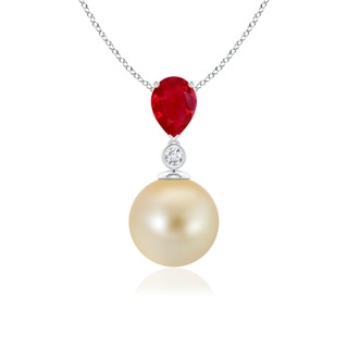 9mm AAA Golden South Sea Pearl & Pear Ruby Drop Pendant in P950 Platinum