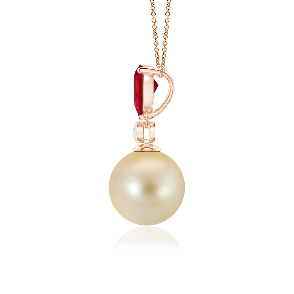 9mm AAA Golden South Sea Pearl & Pear Ruby Drop Pendant in Rose Gold Side 1