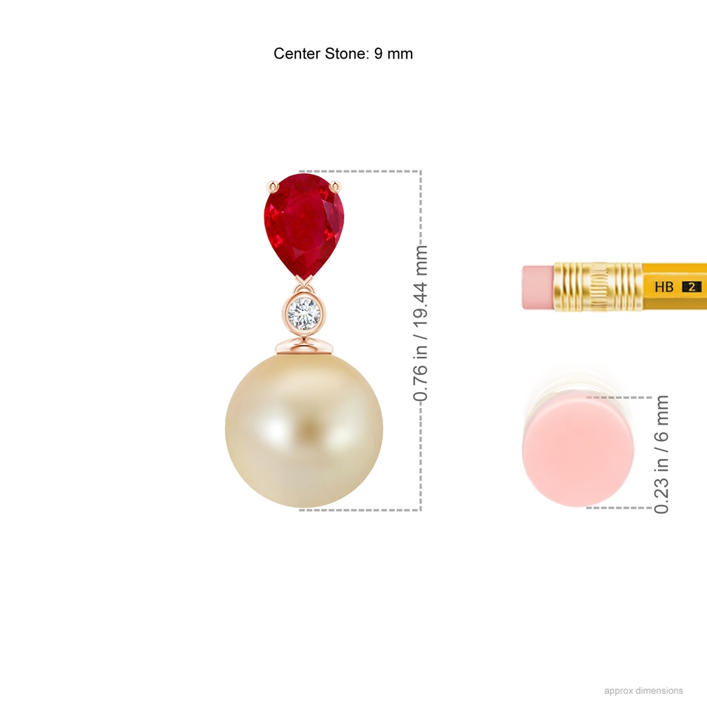 9mm AAA Golden South Sea Pearl & Pear Ruby Drop Pendant in Rose Gold Ruler
